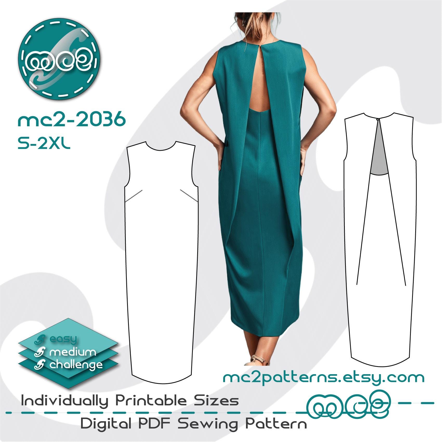 Sculptured-back Shift Dress Sewing Pattern: Open-back (digital PDF