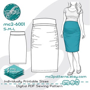 Umstandsrock Schnittmuster: High-Waist Bodycon Jersey mit Drapierter Front (Digitaler PDF Download) S-M-L / mc2-6001