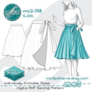 Peut inclure: Patron de couture PDF numérique pour une jupe portefeuille, avec des illustrations de la conception de la jupe en blanc et turquoise. Le patron comprend les tailles S-2XL et est étiqueté "facile" et "moyen". mc2patterns.etsy.com.