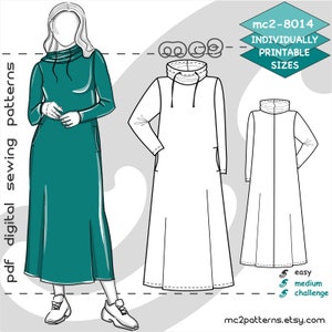 S-2XL/ Loose-fit A-line Maxi Dress Lounge Cowl-neck/ Digital Sewing PDF pattern for Women &gt;mc2patterns&lt; mc2-8014