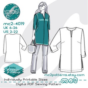 Patron de couture de tunique droite : Sloper à manches longues (téléchargement PDF numérique) UK6-26/US2-22 / mc2-4019