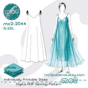 Puede incluir: Un patrón de costura digital en PDF para un vestido largo hasta el suelo con tirantes finos para anudar y escote en V. La imagen muestra un dibujo técnico, una ilustración en acuarela del vestido, el texto mc2-2044, S-2XL y mc2patterns.etsy.com.