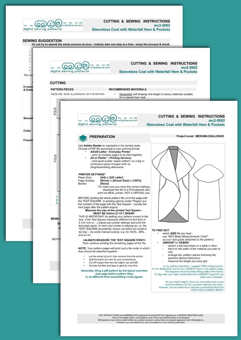 May include: A set of instructions for sewing a sleeveless coat with a waterfall hem and pockets. The instructions include a pattern layout, sewing suggestions, and tips for printing the pattern.
