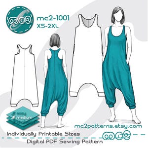 Puede incluir: Patrón de costura PDF digital para un mono. La imagen muestra un mono color teal en una modelo, un dibujo lineal y el texto "mc2-1001 XS-2XL". El patrón incluye niveles de dificultad fácil y medio. También se muestra el sitio web mc2patterns.etsy.com.