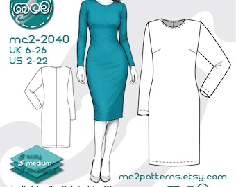 Bodycon Dress Block Sloper Sewing Pattern: Long-sleeve Jersey (Digital PDF Download) UK6-26/US2-22 / mc2-2040