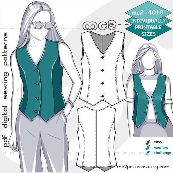 XS-2XL/ Top Vest Waistcoat Reversible/ Digital Sewing PDF-pattern for Women >mc2patterns< mc2-4010