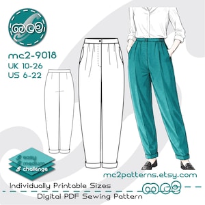 Puede incluir: Patrón de costura PDF digital para pantalones de cintura alta. La imagen muestra un pantalón color teal, un dibujo lineal y el texto "mc2-9018, UK 10-26, US 6-22". El patrón se describe como un desafío fácil a medio y está disponible en tallas imprimibles individualmente.