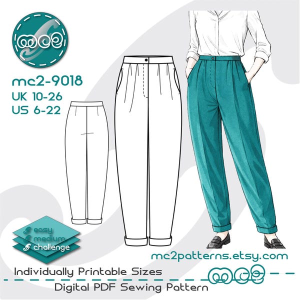Pegged Trousers Pants Sewing Pattern: Classy High-waist Side-pockets (Digital PDF Download) UK10-26/US6-22 / mc2-9018