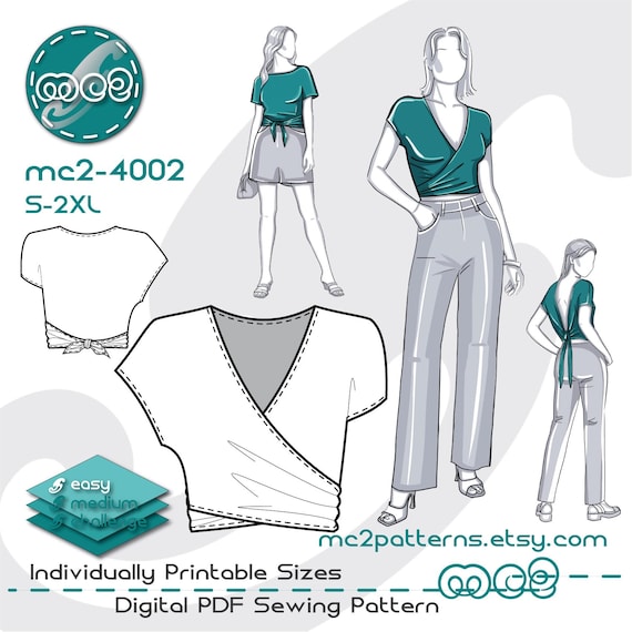Wrap Top Sewing Pattern: Reversible Front-Back (Digital PDF Download) S-2XL / mc2-4002