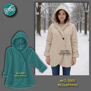 May include: A beige hooded coat with a single black button closure. The coat has a wrap-style design and is shown on a person in a snowy outdoor setting. A teal coat with a similar design is also shown. The text "mc2-7001 mc2patterns" is visible.