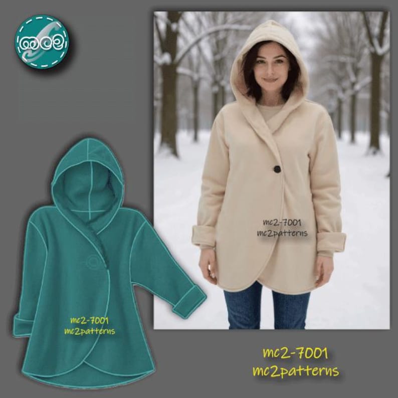 May include: A beige hooded coat with a single black button closure. The coat has a wrap-style design and is shown on a person in a snowy outdoor setting. A teal coat with a similar design is also shown. The text "mc2-7001 mc2patterns" is visible.
