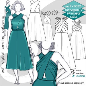 Puede incluir: Un patrón de costura digital para un vestido halter de color turquesa con un diseño cruzado. El patrón está disponible en varios tamaños y está etiquetado como "mc2-2035 Tamaños imprimibles individualmente".