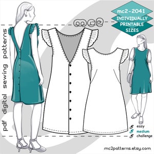 Może przedstawiać: Cyfrowy wzór szycia na sukienkę bez rękawów z dekoltem w kształcie litery V i zapięciem na guziki. Sukienka ma falbankę na rękawach i otwór z tyłu. Wzór jest dostępny w indywidualnie drukowanych rozmiarach. Wzór jest oznaczony jako "mc2-2041" i jest oceniany jako "łatwy" do uszycia.