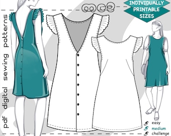 Buttoned-back Dress Pinafore Sewing Pattern: Open-back (Digital PDF Download) UK6-20/US2-16 / mc2-2041