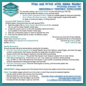 Puede incluir: Gu&iacute;a para imprimir patrones PDF con Adobe Reader. El gr&aacute;fico detalla la configuraci&oacute;n de la impresora, la verificaci&oacute;n de la precisi&oacute;n y las instrucciones para patrones PDF en capas. Incluye medidas en cent&iacute;metros y pulgadas.