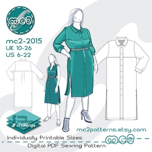 Shirt Dress Duster Sewing Pattern: 3/4-sleeve, Shirt-collar (Digital PDF Download) UK10-26/US6-22 / mc2-2015