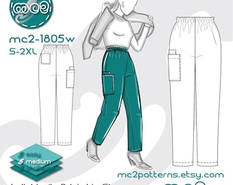 Patrón de costura para pantalones de uniforme médico tipo cargo (descarga digital en PDF) S-2XL / mc2-1805w
