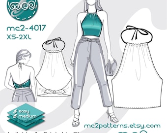 Patrón de costura para top de baño: Jersey con cuello halter y lazos en la espalda (descarga digital en PDF) XS-2XL / mc2-4017