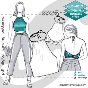 XS-2XL/ Top Halter Back-Ties Jersey Swim-top/ Digital Sewing PDF-pattern for Women &gt;mc2patterns&lt; mc2-4017