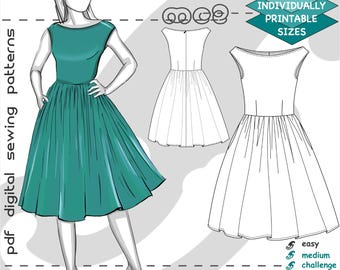 Off-Shoulder Dress Sewing Pattern: Sleeveless Cinched-waist (Digital PDF Download) UK10-20/US6-16 / mc2-2016
