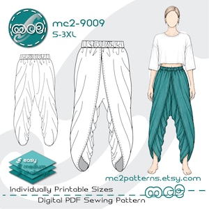 Puede incluir: Un patrón de costura PDF digital para pantalones harén, con un boceto de diseño de los pantalones en blanco y una versión verde azulado en una modelo. El patrón incluye tallas S-3XL y está etiquetado como "mc2-9009". La imagen también incluye el texto "easy medium challenge".