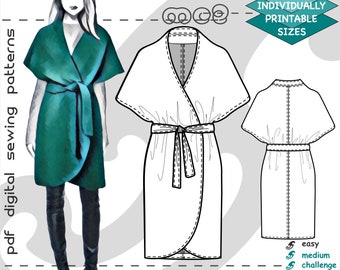 S-2XL/ Wrap Coat Short-Dolman-Sleeve NO-Lining/ Digital PDF Sewing Pattern for Women &gt;mc2patterns&lt; mc2-7008