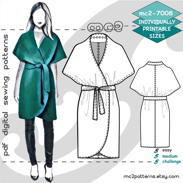 S-2XL/ Wrap Coat Short-Dolman-Sleeve/ Digital PDF Sewing Pattern for Women >mc2patterns< mc2-7008