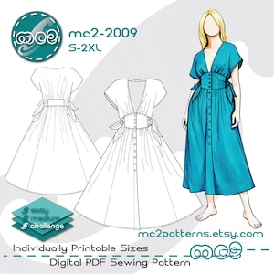 May include: A teal dress illustration with a V-neck, button-down front, and tie waist. The image includes a line drawing of the dress and a graphic of the dress on a figure. Text includes "mc2-2009 S-2XL" and "easy medium challenge".