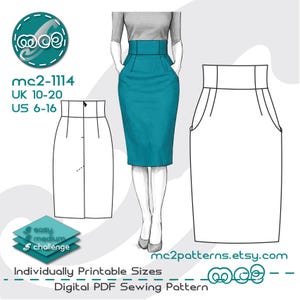 May include: A teal pencil skirt design with a high waist, shown on a model and as a line drawing. The image includes the text "mc2-1114", "UK 10-20", "US 6-16", and "mc2patterns.etsy.com". The pattern is described as an easy medium challenge.