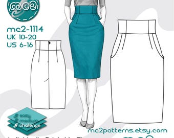 High-waisted Pencil Skirt Sewing Pattern: Side-pockets (Digital PDF Download) UK10-20/US6-16 / mc2-1114