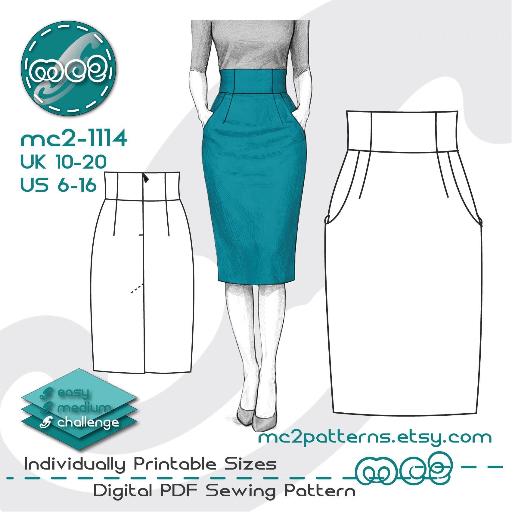 High-waisted Pencil Skirt Sewing Pattern: Side-pockets (digital