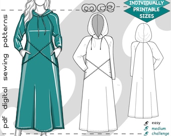 S-4XL/ Maxi Dress Lounge Hoodie Raglan/ Digital Sewing PDF pattern for Women >mc2patterns< mc2-8010