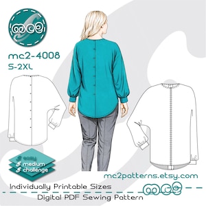 Patrón de costura para blusa Dolman: Manga larga con botones en la espalda (Descarga digital en PDF) S-2XL / mc2-4008