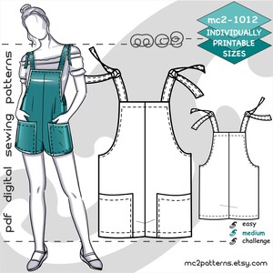 May include: A digital sewing pattern for a teal overall shorts with two large pockets. The pattern is individually printable and comes in multiple sizes. The pattern is labeled as easy to sew.