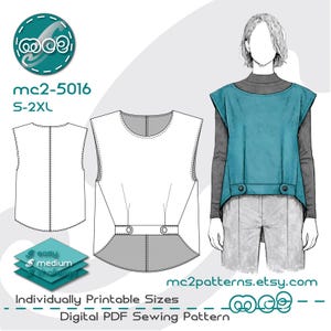 Könnte beinhalten: Ein tealfarbenes ärmelloses Oberteil mit einem High-Low-Saum, gezeigt an einem Model mit grauer Hose und einem grauen Langarmshirt. Das Bild enthält ein Schnittmusterdiagramm und den Text: mc2-5016, S-2XL und mc2patterns.etsy.com.