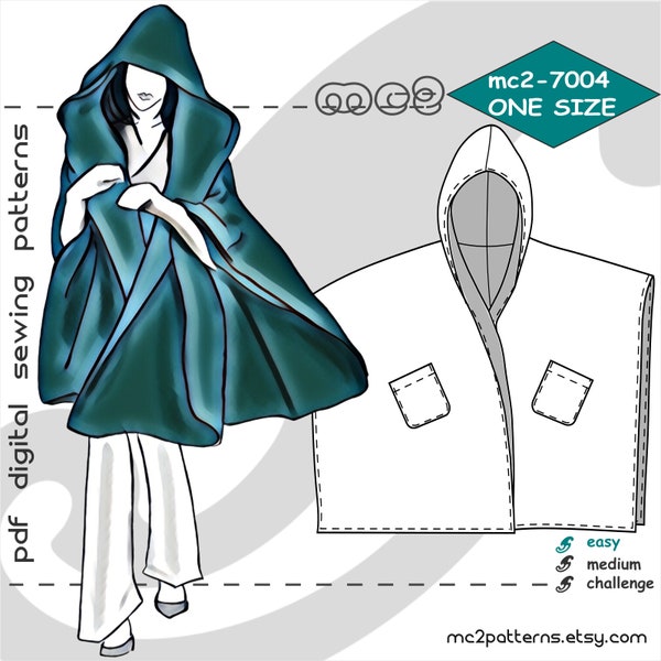ONE size fits ALL/ Poncho-Wrap with Hood/ Digital PDF Sewing Pattern for Women >mc2patterns< mc2-7004