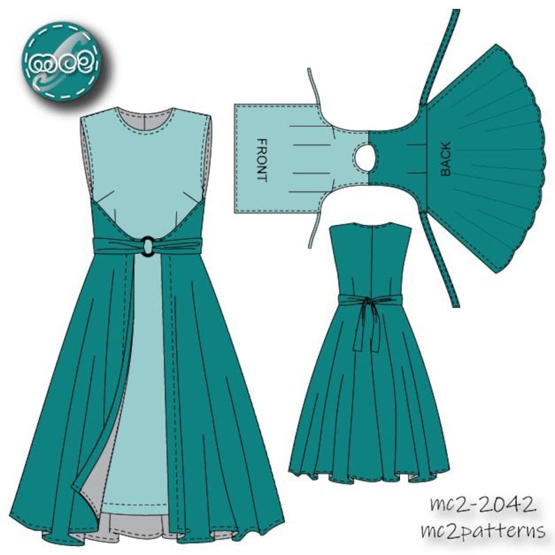 Op de afbeelding: Illustratie van een teal en lichtblauw jurkpatroon met een riem en een bijpassende jurk. Het patroon bevat voor- en achterstukken en een klein logo. De tekst "mc2-2042" en "mc2patterns" zijn zichtbaar.