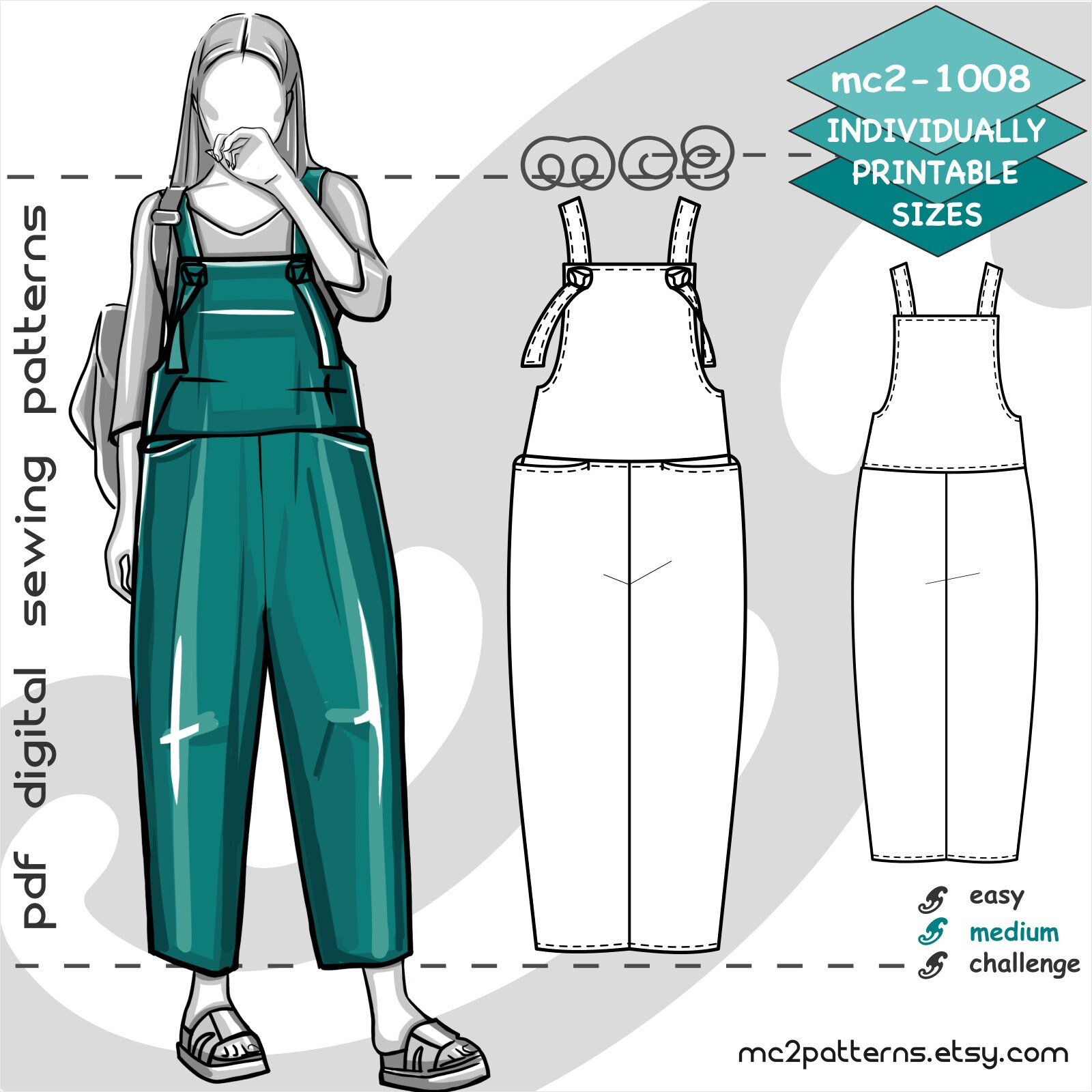 XS-2XL/ Overall Jumpsuit Loose-fit Cropped/ Digital Sewing XS-2XL/ Overall Jumpsuit Loose-fit Cropped/ Digital Sewing