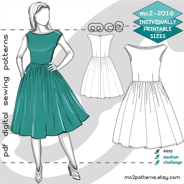 UK 10-20/ US 6-16/ Bardot Retro-style Dress with Peasant Skirt/ Digital PDF Sewing Pattern for Women >mc2patterns< mc2-2016