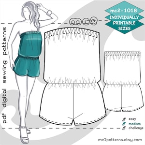 May include: A digital sewing pattern for a strapless jumpsuit with a teal bodice and shorts. The pattern is individually printable in various sizes and is labeled as easy, medium, or challenge difficulty.