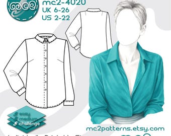 May include: A digital PDF sewing pattern for a collared shirt. The image includes a teal blouse, line drawings of the shirt, and the text "mc2-4020, UK 6-26, US 2-22". The pattern is labeled as an easy to medium challenge.
