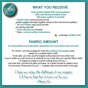 May include: A teal and white digital PDF sewing pattern information sheet. The text includes details on printable sizes, formats, seam allowances, and instructions. The sheet also provides fabric amount information and a note from the designer.