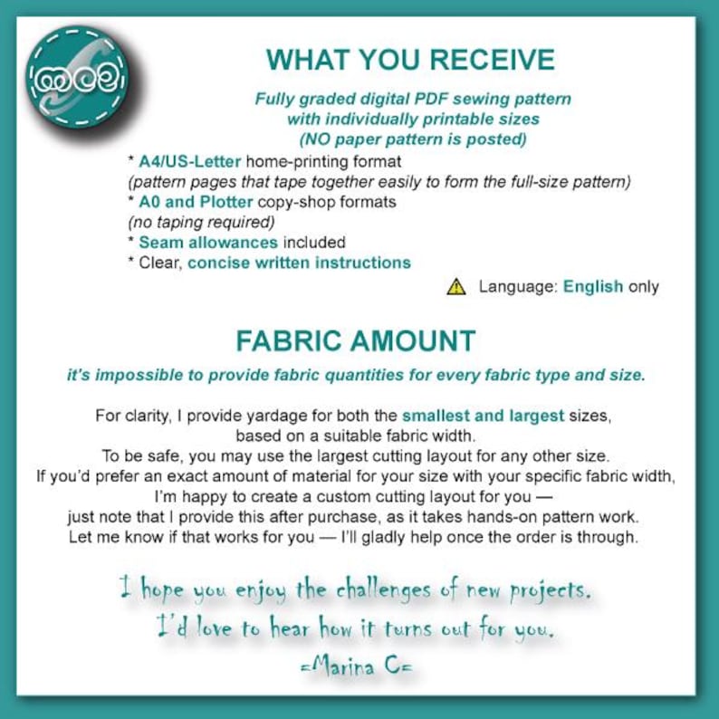May include: A teal and white digital PDF sewing pattern information sheet. The text includes details on printable sizes, formats, seam allowances, and instructions. The sheet also provides fabric amount information and a note from the designer.