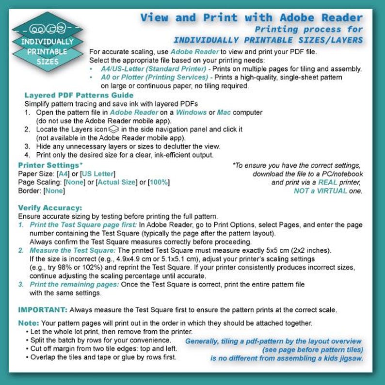 May include: Informational graphic with instructions for printing PDF patterns using Adobe Reader. Includes printer settings, accuracy verification steps, and a guide for layered PDF patterns. The text includes measurements in centimeters and inches.