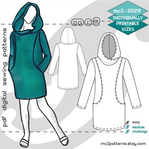 UK 8-20/ US 4-16/ Tunic Dress Hoodie Sweatshirt/ Digital PDF Sewing Pattern for Women >mc2patterns< mc2-2029