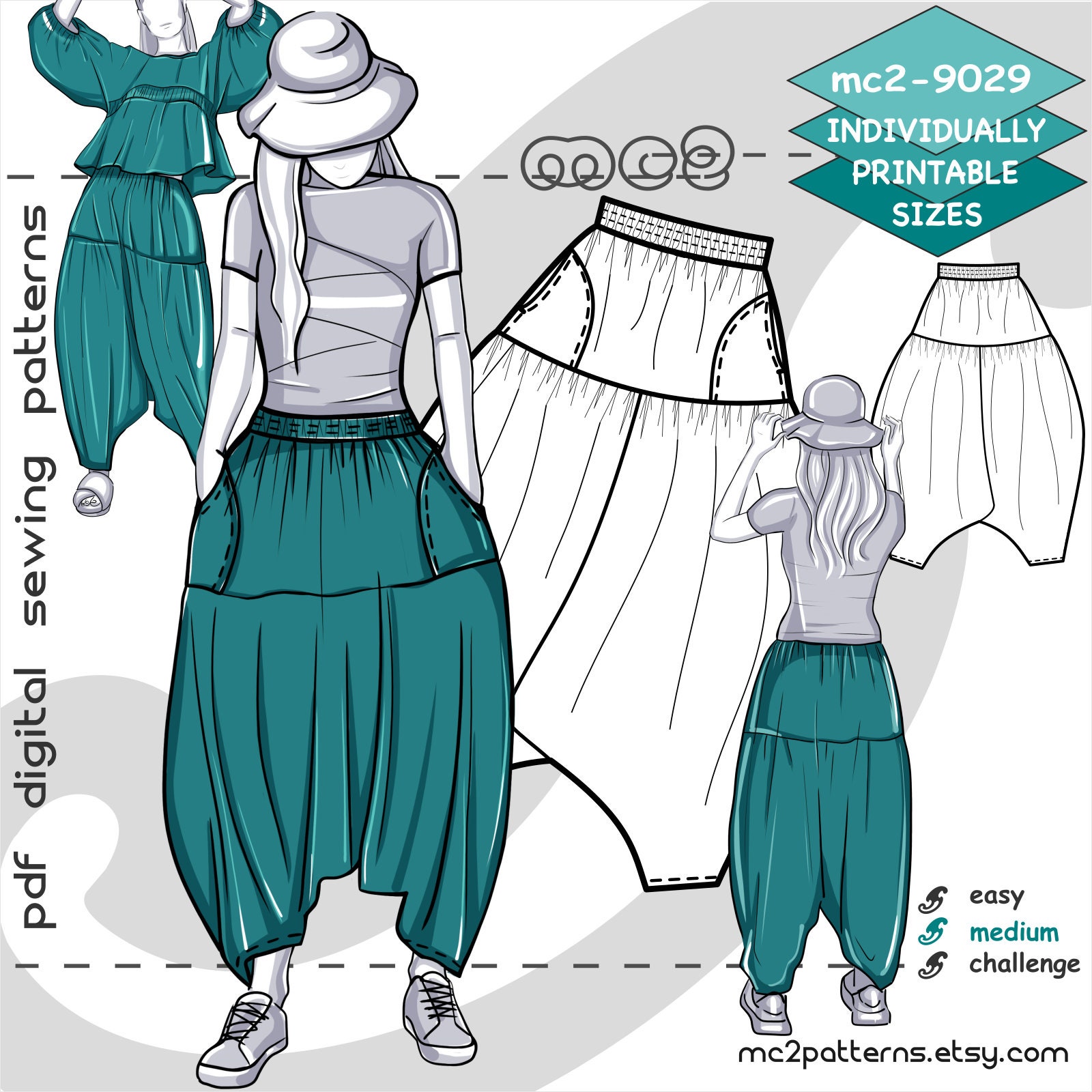 S-4XL/ Harem Baggy Pants Dropped-crotch/ Digital Sewing PDF