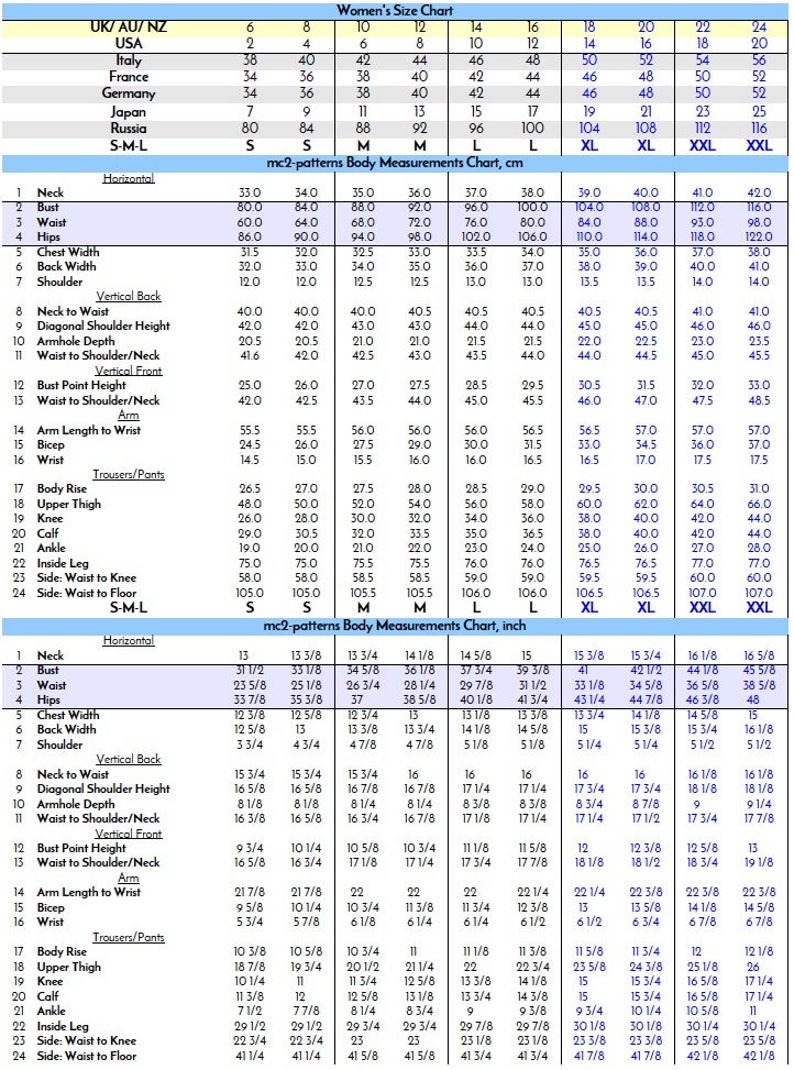 May include: A detailed chart with measurements in inches for women's clothing, including bust, waist, and hip sizes. The chart provides conversions for UK, USA, Italy, France, Germany, Japan, and Russia sizes.