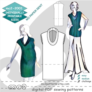 S-2XL/ Etuikleid Dolman Kleid Tunika mit Wasserfallausschnitt/ Digitales PDF Schnittmuster für Frauen &gt;mc2patterns&lt; mc2-2001