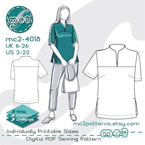 Shift Top Sewing Pattern: Built-in-collar Short-sleeve (Digital PDF Download) UK6-26/US2-22 / mc2-4018