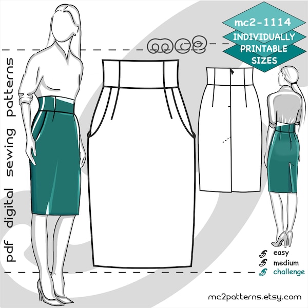 UK 10-20/ US 6-16/ High-waisted Pencil Skirt/ Digital Sewing PDF-pattern for Women >mc2patterns< mc2-1114